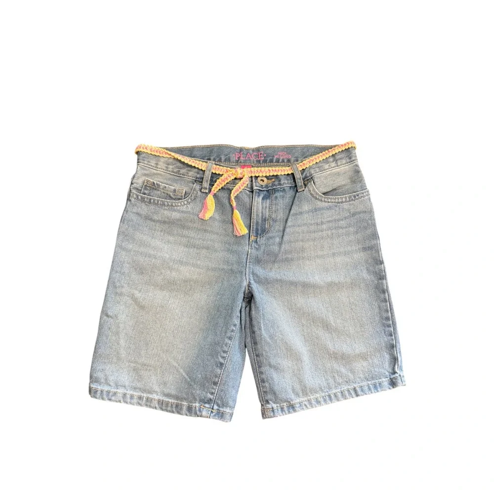 The Childrens Place Girls Light Wash Denim Midi Shorts Braided Belt Size 10 Plus